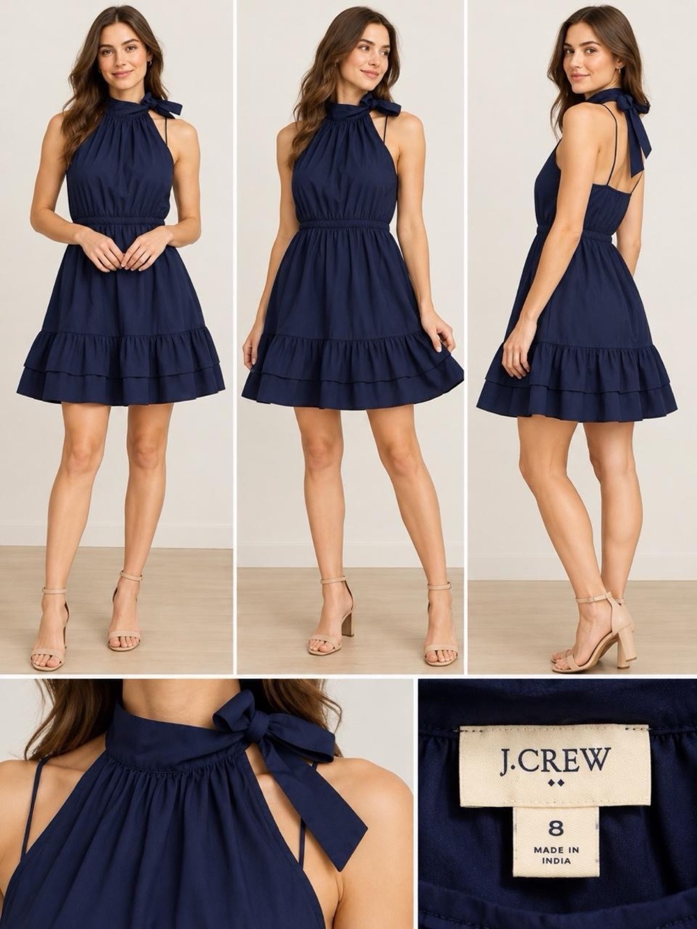 J.Crew Navy Halter Bow Tiered Mini Dress